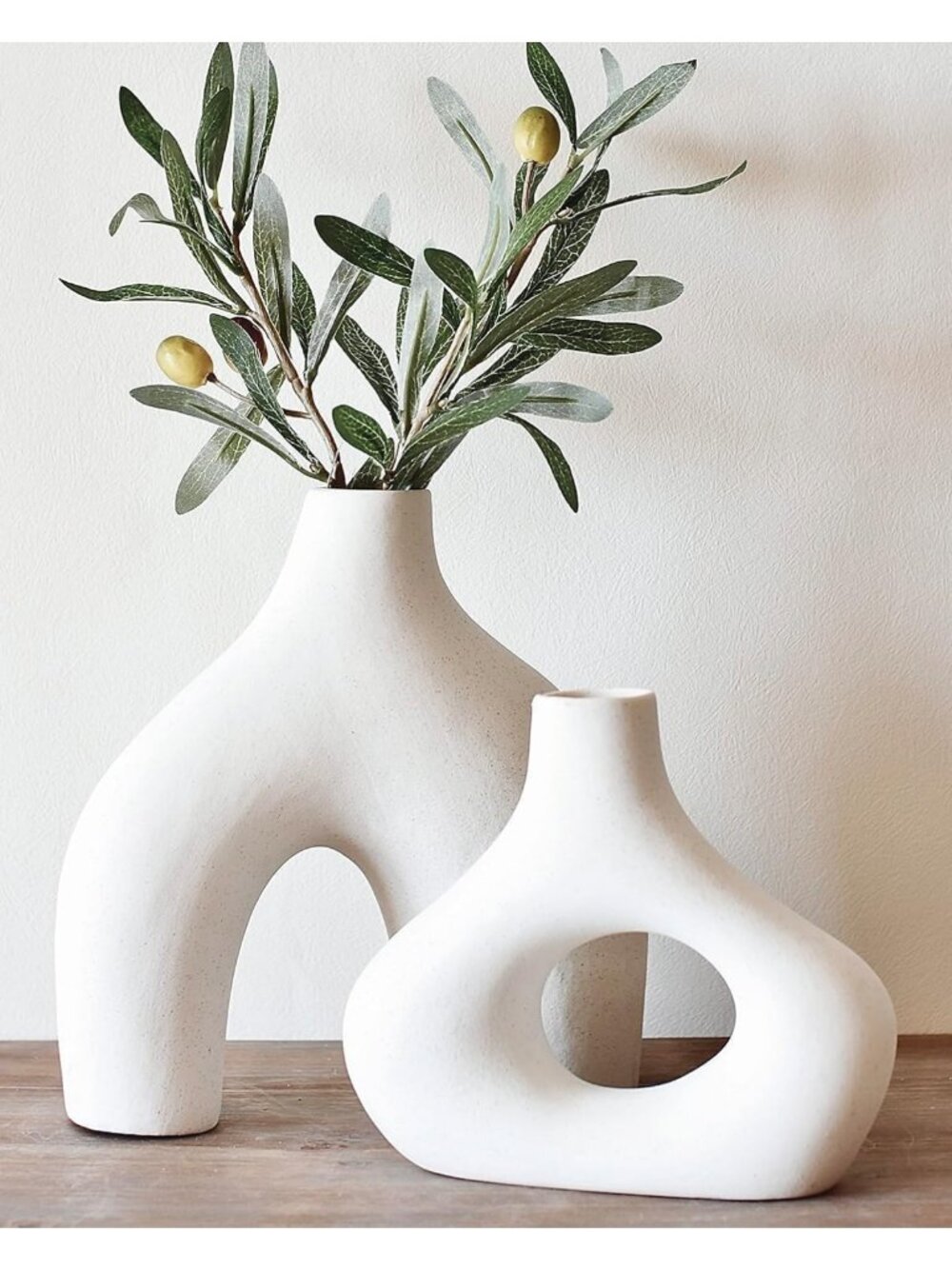 Modern Ceramic Vase Set of 2 | Donut Shelf Decor | Warm White Home Accent